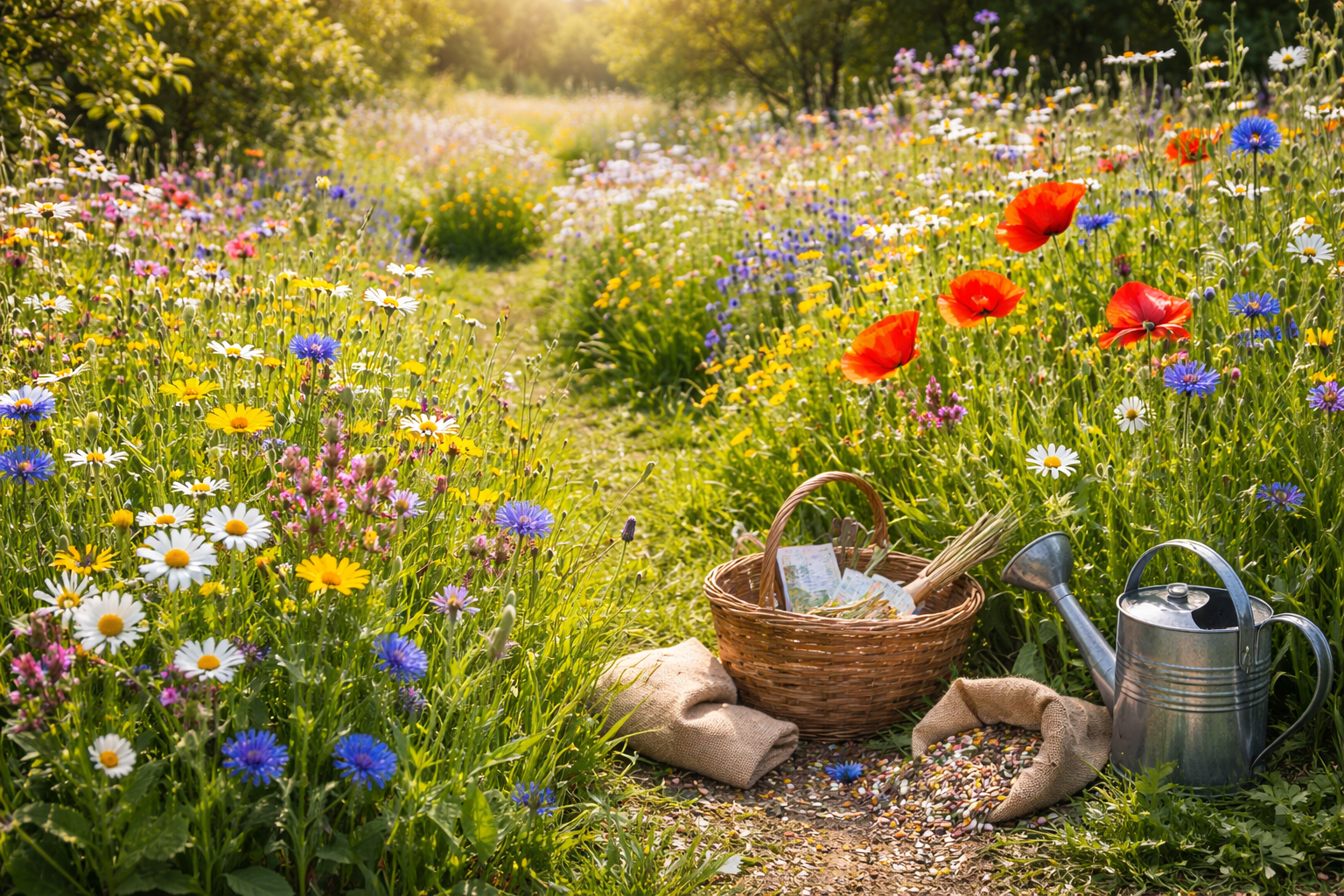 Blumenwiese richtig anlegen mit Wildblumen, Saatgut, Gießkanne und Gartenwerkzeug in einem naturnahen, insektenfreundlichen Garten